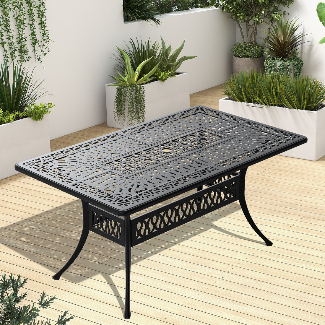 L58.27*W34.65 Inch Cast Aluminum Patio Dining Table With Black Frame And Umbrella Hole Dining Set Black Rust Resistant Frame Garden & Outdoor Complete Patio Sets Aluminium