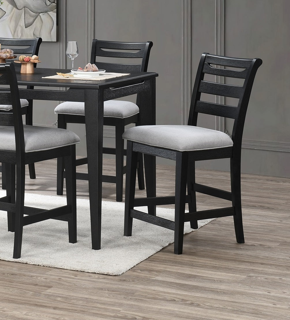 Modern 2Pc Counter Height Dining Chairs Black Color Ladder Back Frame Upholstered Cushion Seat Solid Wood Kitchen Dining Room Black Dining Room Foam Classic,Contemporary,Modern Dining Chairs Rubberwood Ladder Back Set Of 2 Fabric,Rubber Wood