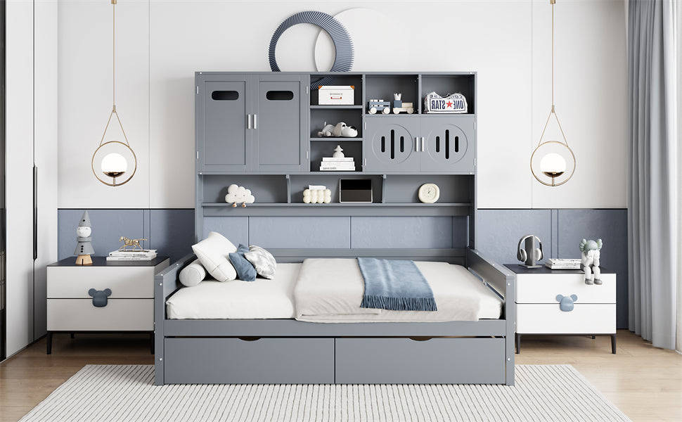 Full Size Wooden Daybed With 2 Drawers, And All In One Cabinet And Shelf, Gray Full Gray Wood