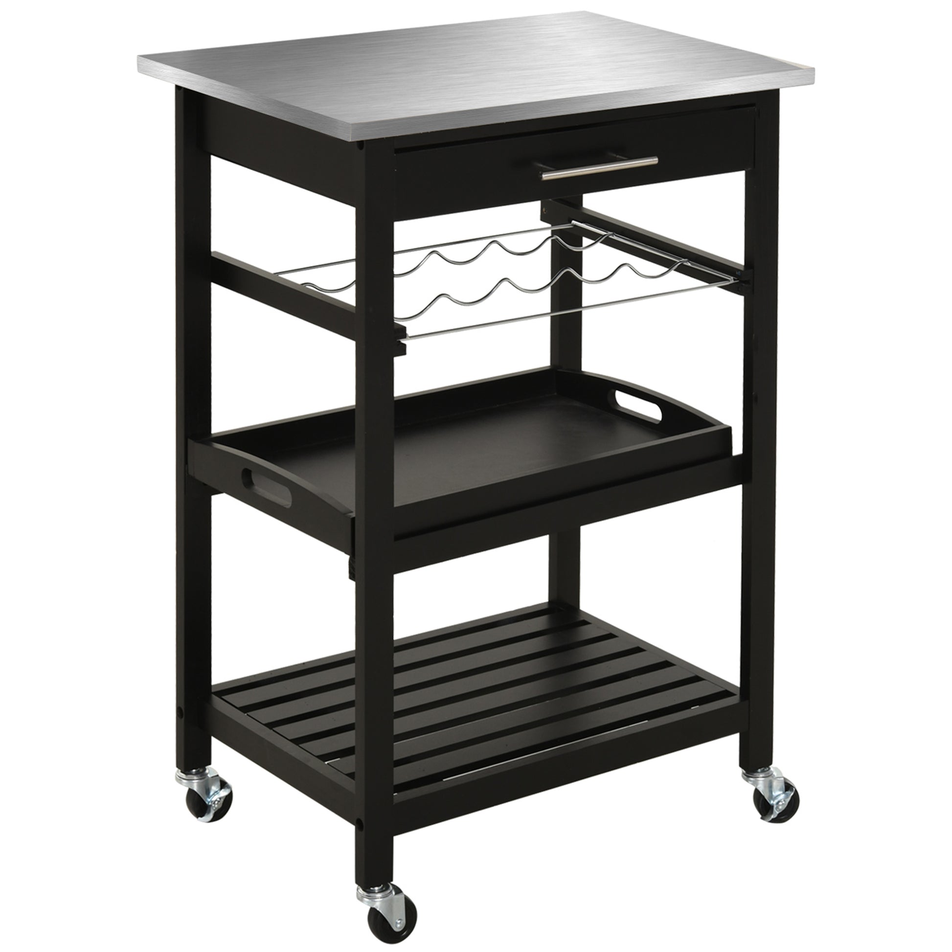 Homcom Kitchen Island Cart Rolling Trolley Utility Serving Cart With Stainless Steel Tabletop, Wine Rack & Drawer Black Pine