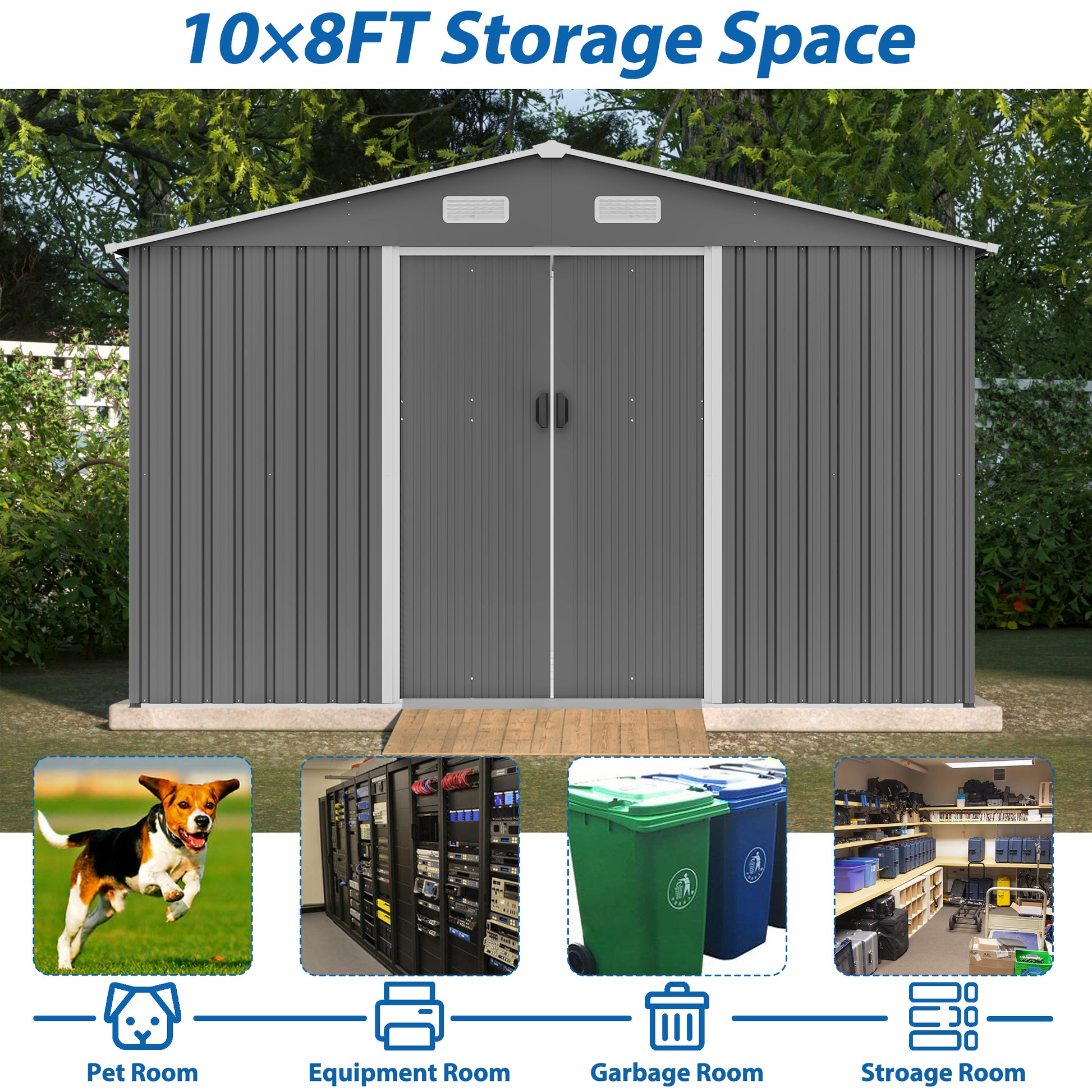 10X8 Ft Outdoor Tool Storage Shed With Metal Foundation & Lockable Doors, All Weather Metal Sheds For Garden, Patio, Backyard, Lawn, Gray Gray Metal