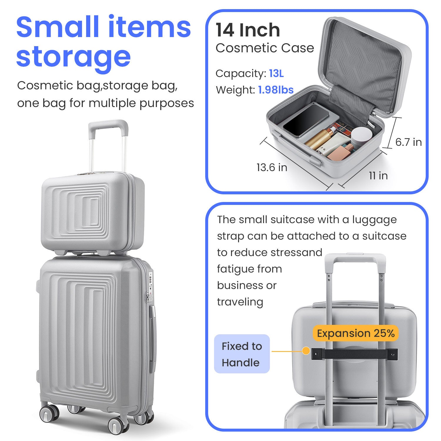 Luggage 4 Piece Sets 14 20 24 28 , Hard Shell Lightweight Tsa Lock Carry On Expandable Suitcase With Spinner Wheels Travel Set For Men Women Silver Polypropylene