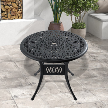 35.43 Inch Cast Aluminum Patio Dining Table With Black Frame And Umbrella Hole Dining Set Black Rust Resistant Frame Garden & Outdoor Complete Patio Sets Aluminium