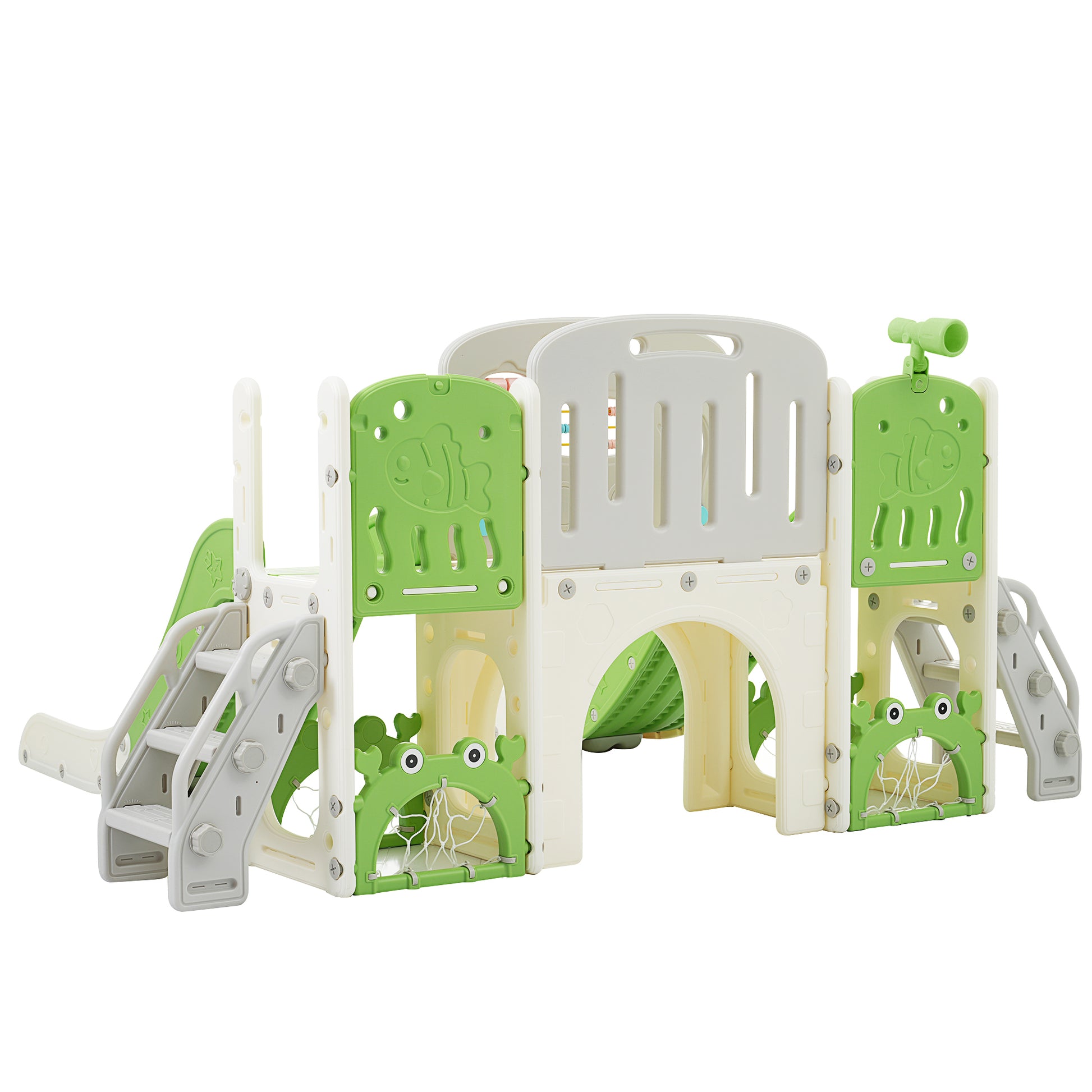 Kids Slide Playset Structure 8 In 1, Freestanding Ocean Themed Set With Slide, Arch Tunnel,Basketball Hoop And Telescope, Double Slides For Toddlers, Kids Climbers Playground Green 50 99 Lbs Cute 1 To 2 Years Hdpe Indoor & Outdoor Use