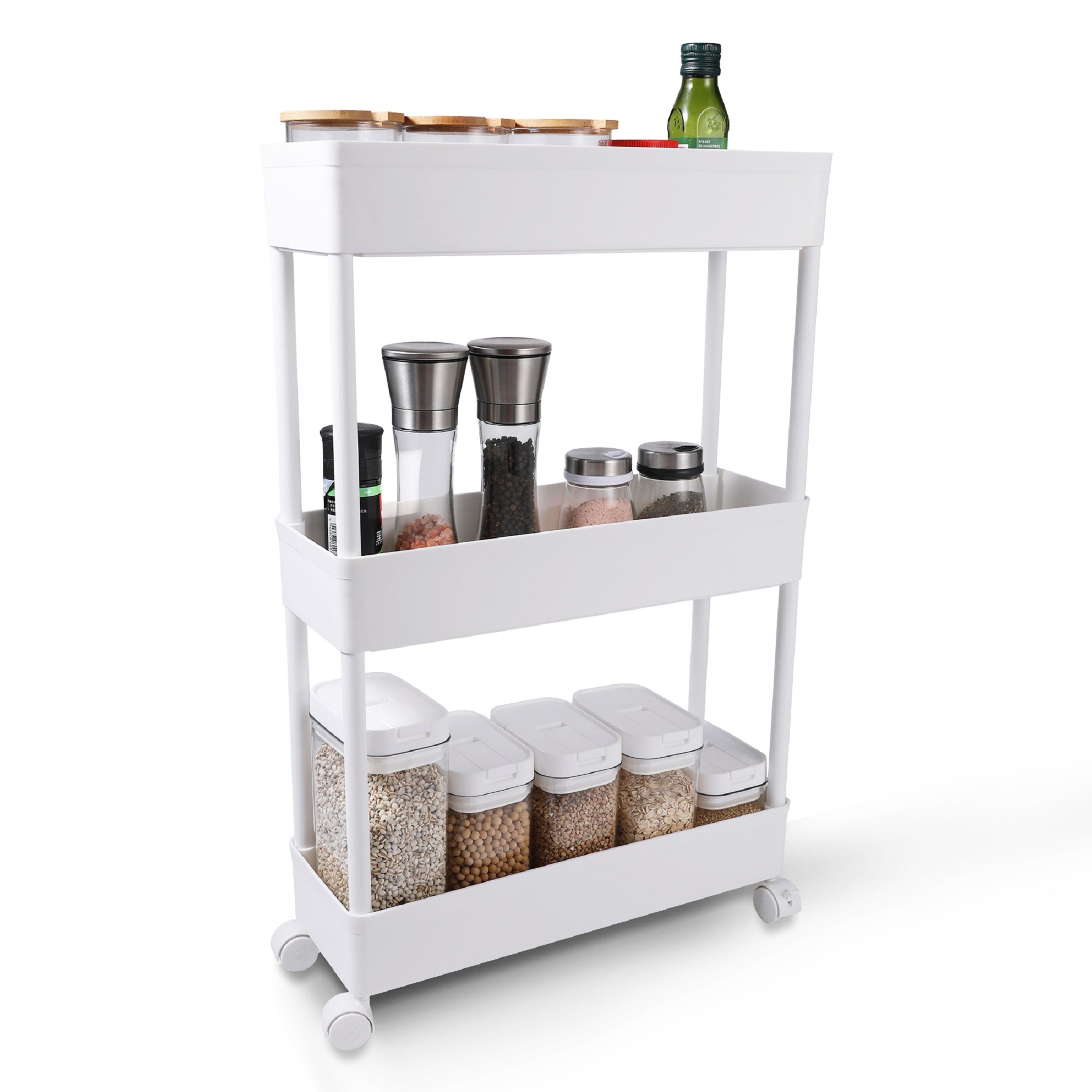 Storage Shelf On Wheels 3 Tier Classic Storage Rolling Cart 360 Swivel Wheels Lockable Bathroom Kitchen Office White Plastic