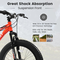 S24109 Elecony 24 Inch Fat Tire Bike Adult Youth Full Shimano 7 Speeds Mountain Bike, Dual Disc Brake, High Carbon Steel Frame, Front Suspension, Mountain Trail Bike, Urban Commuter City Bicycle Cycling Orange Without Anti Slip Garden & Outdoor American