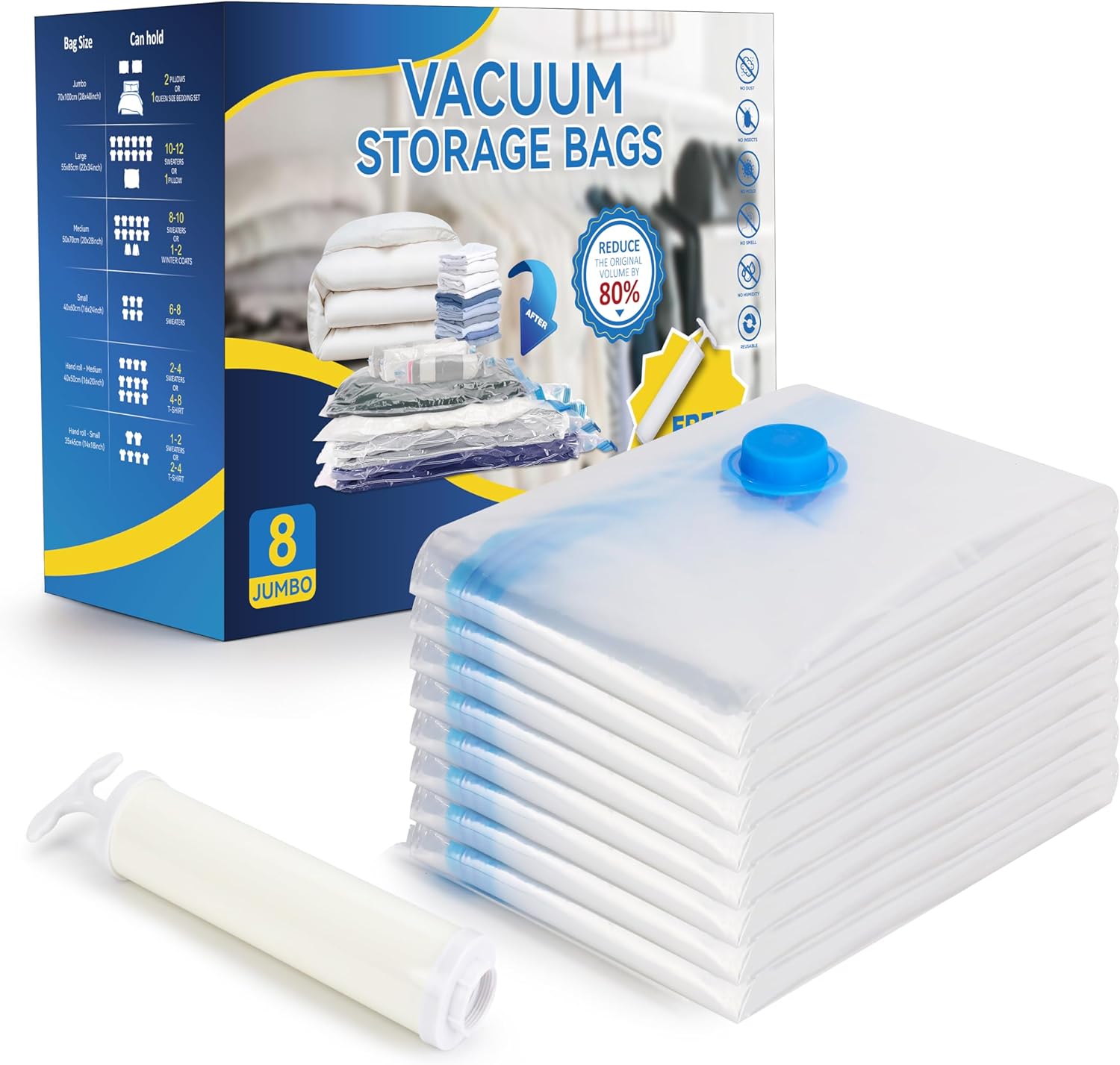 8 Jumbo Vacuum Storage Bags, Space Saver Bags, Vacuum Seal Bags With Hand Pump For Comforters, Blankets, Bedding, Pillows And Clothes White Polyethylene