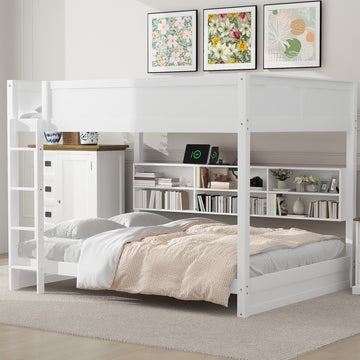 Queen Over Queen Bunk Bed With Storage Cabinets And Usb Ports, White White Solid Wood Mdf