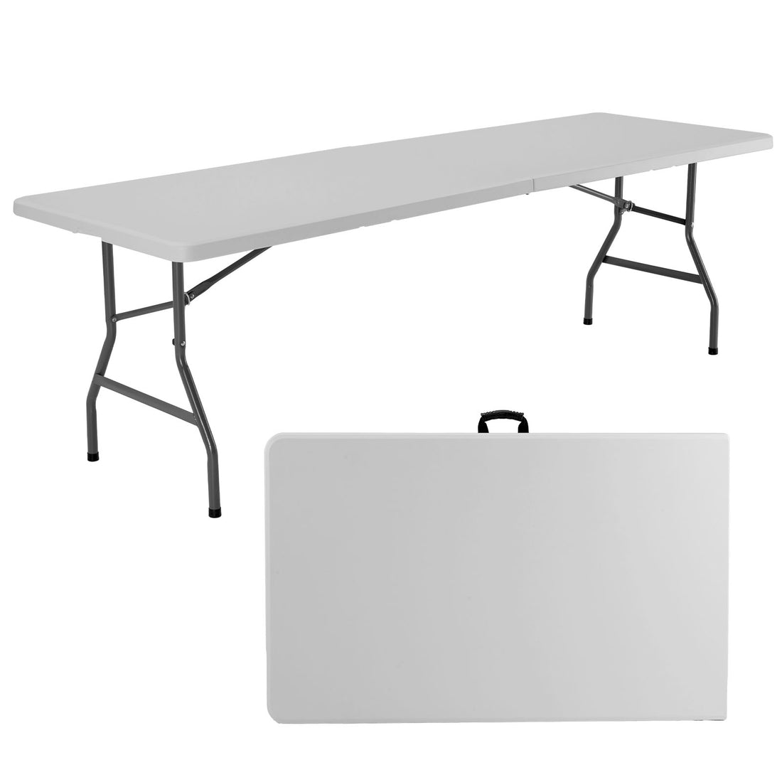 8Ft Folding Table Outdoor Indoor Heavy Duty Portable Table With Carrying Handle For Camping Picnic Party White Metal & Wood