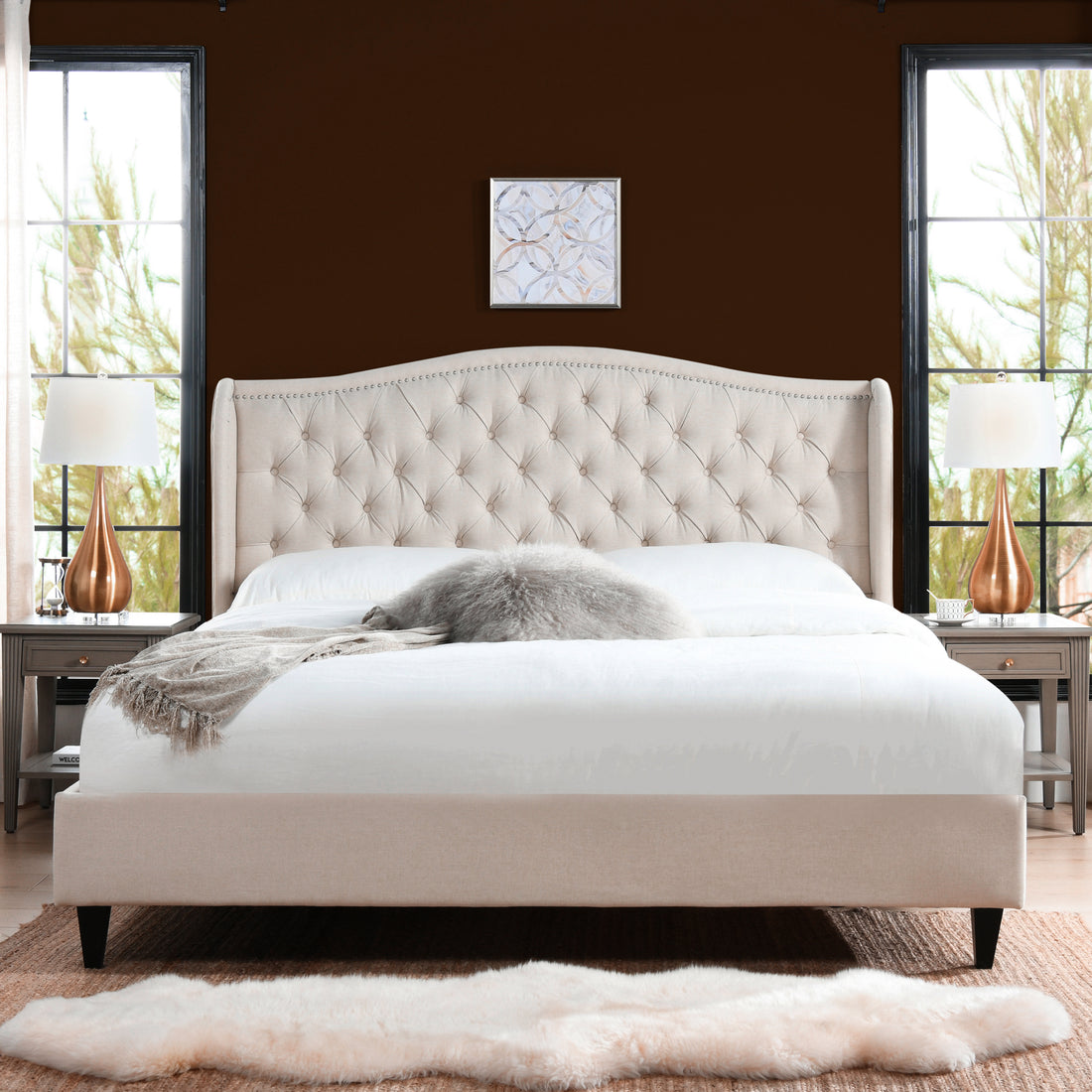 Coverley Tufted Shelter Platform Bed, King, Sky Neutral Beige Polyester Box Spring Not Required King Beige Wood Foam Polyester Polyester