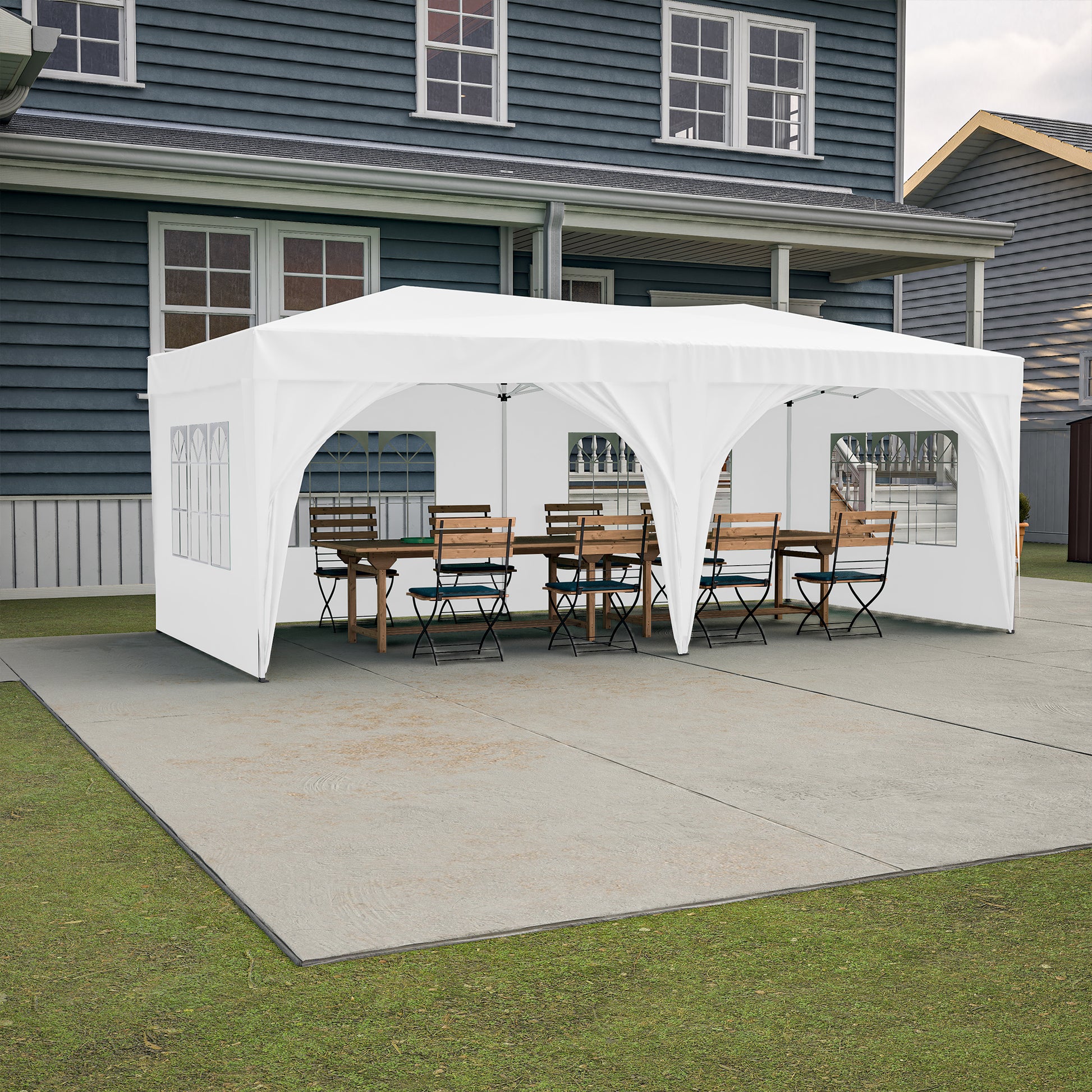 10'X20' Pop Up Canopy Tent With 6 Sidewalls, Ez Pop Up Outdoor Canopy For Parties, Waterproof Commercial Tent With 3 Adjustable Heights, Carry Bag, 6 Sand Bags, 6 Ropes And 12 Stakes, White White Metal