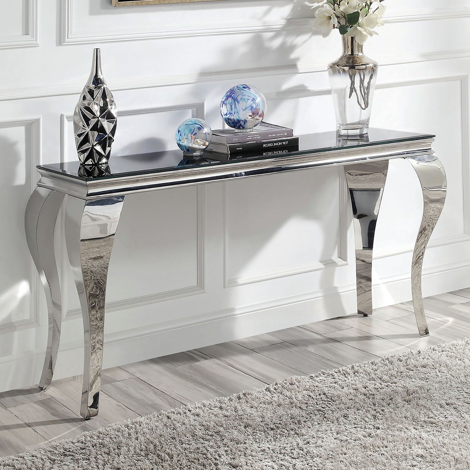 Glam Contemporary 1Pc Sofa Table Black Glass Top Silver Color Table Living Room Stainless Steel Cabriole Style Legs Black,Silver Primary Living Space Classic,Modern,Transitional Console Tables Rectangular Glass,Stainless Steel