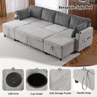 111.8" Sectional Sofa Pull Out Sofa Bed Versatile Sofa Sleeper With Large Storage Space, Two Usb Ports And Two Cup Holders For Living Room, Grey Grey Foam Chenille 4 Seat