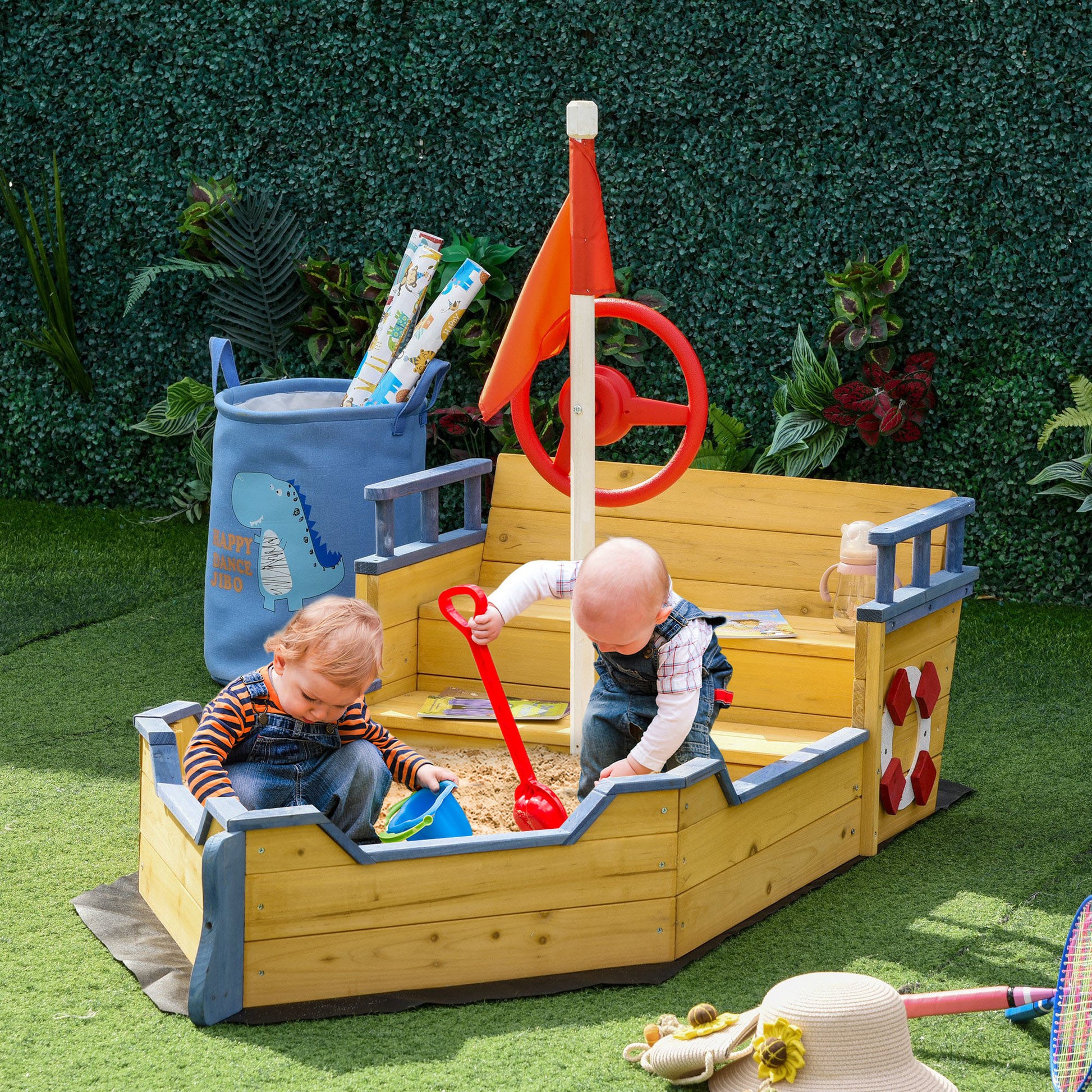 Outsunny Wooden Kids Pirate Sandbox, Outdoor Sandboat With Bench Seats, Storage, Non Woven Fabric Cloth For Backyard, Lawn Natural Wood