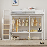 Twin Size Metal Loft Bed With Wardrobe And Storage Shelves, White Box Spring Not Required Twin White Metal Mdf Metal