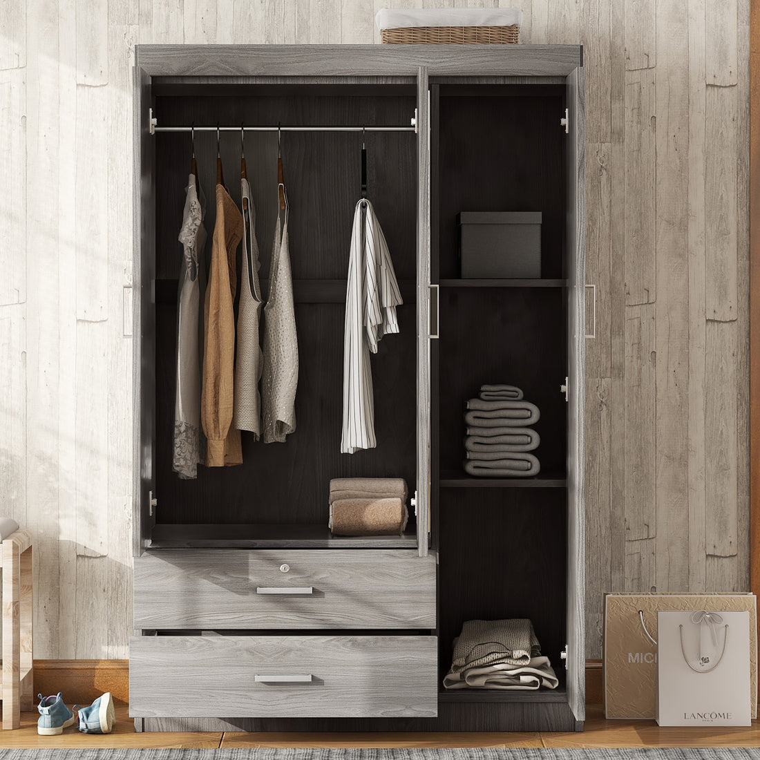 3 Door Mirror Wardrobe With Shelves, Gray Gray Plywood