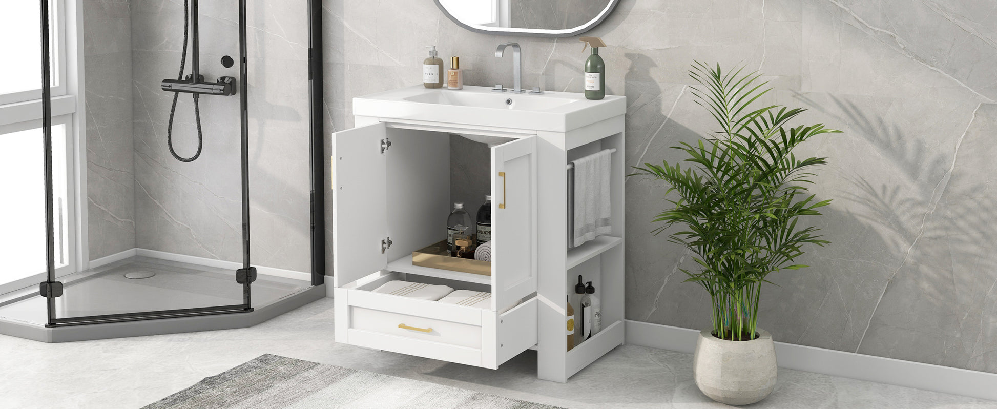 30'' Bathroom Vanity With Seperate Basin Sink, Modern Bathroom Storage Cabinet With Double Sided Storage Shelf, Freestanding Bathroom Vanity Cabinet With Single Sink 1 White Adjustable Hinges Bathroom Freestanding Solid Wood Mdf Resin Painted