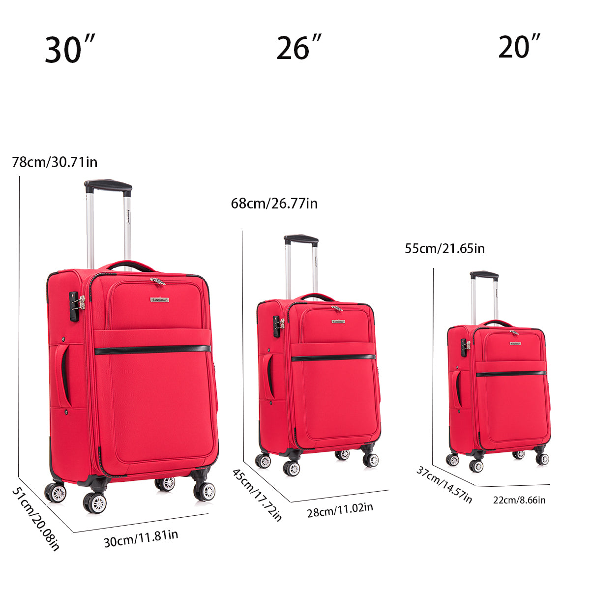 3 Piece Fabric Soft Luggage Set With Swivel Wheels And Password Lock, 20 26 30 Inches Red Fabric