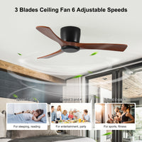 42 Inch Ceiling Fan No Light With Remote Control, Low Profile Flush Mount Ceiling Fan Without Light,Noiseless Reversible Dc Motor With Timer Black Brown Wood Metal