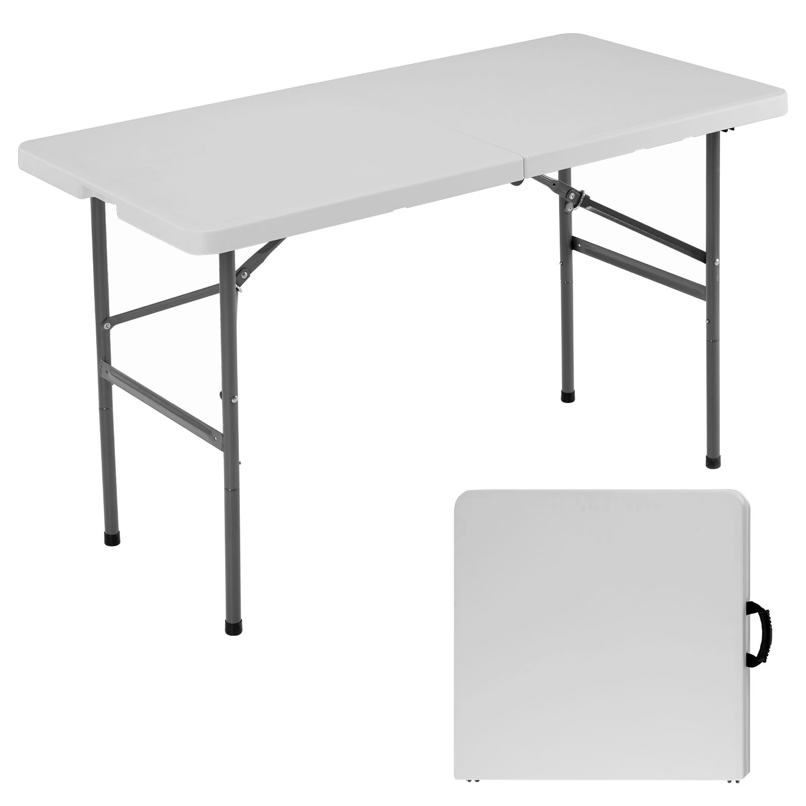 4Ft Folding Table Outdoor Indoor Heavy Duty Portable Table With Carrying Handle For Camping Picnic Party White Metal & Wood