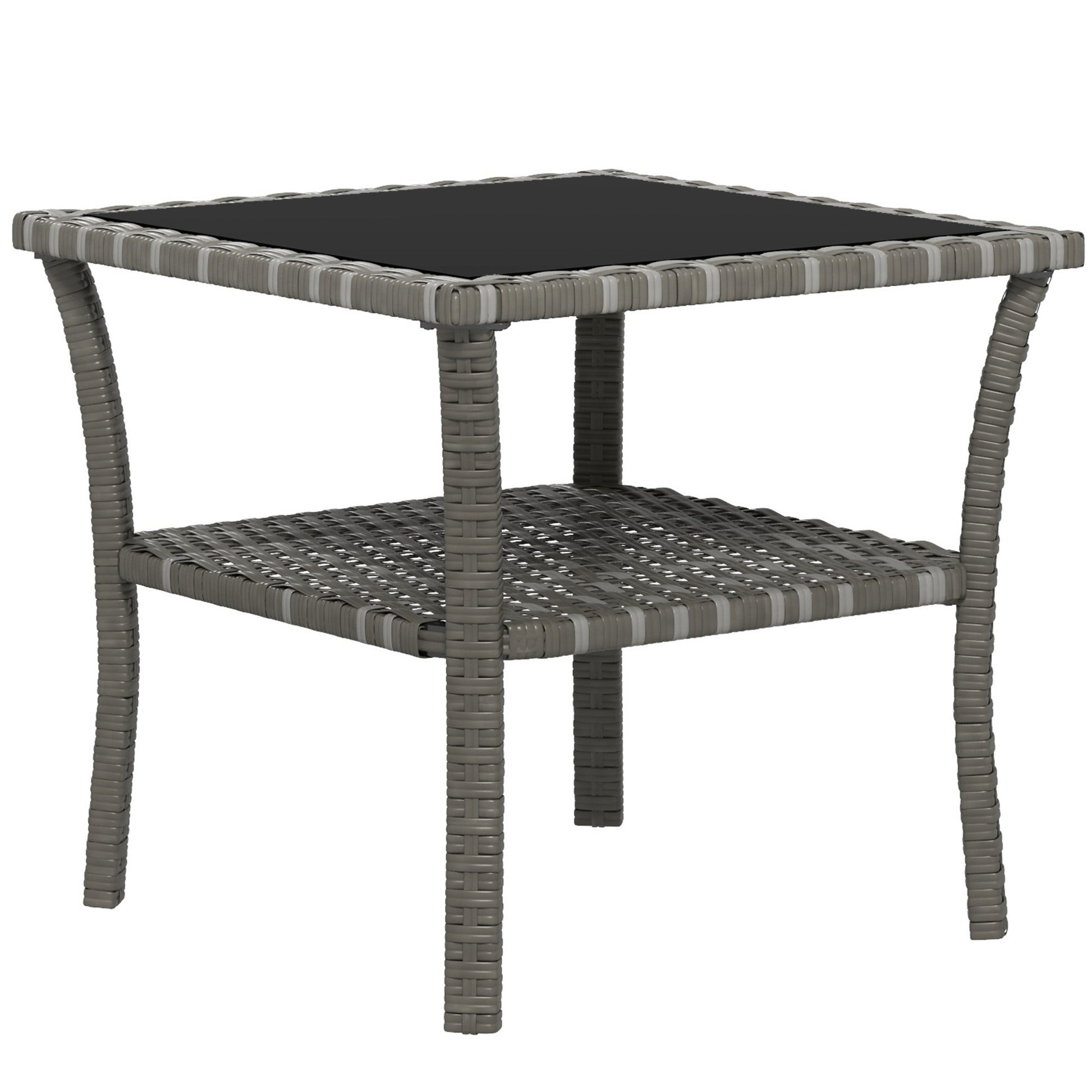 Outsunny Rattan Side Table, Outdoor End Table With Storage Shelf, Aluminum Frame Square, Coffee Table With Tempered Glass Top, Mixed Gray Grey Aluminum