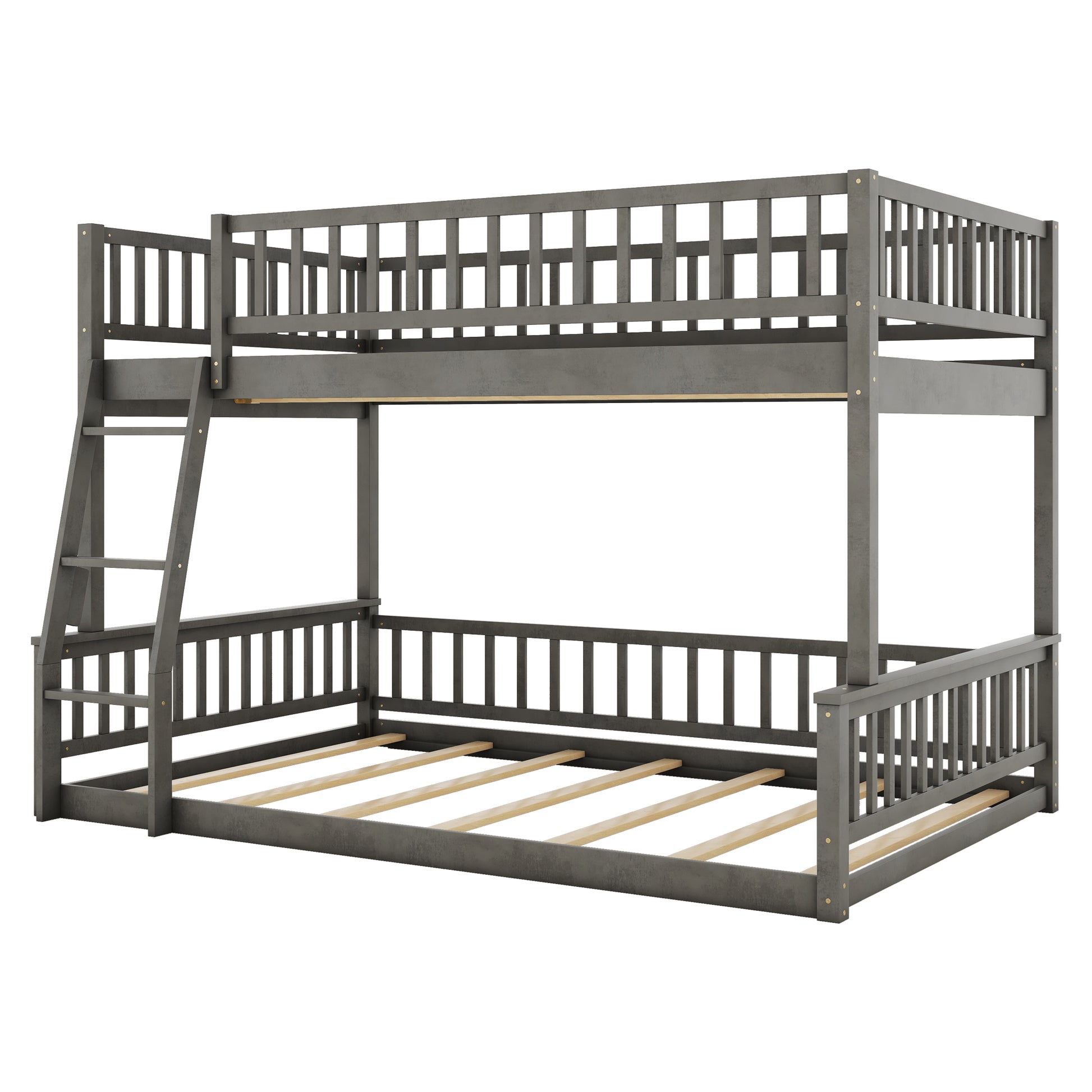 Full Xl Over Queen Bunk Bed With Ladder And Guardrails, Gray Box Spring Not Required Queen Gray Wood Bunk Solid Wood Mdf