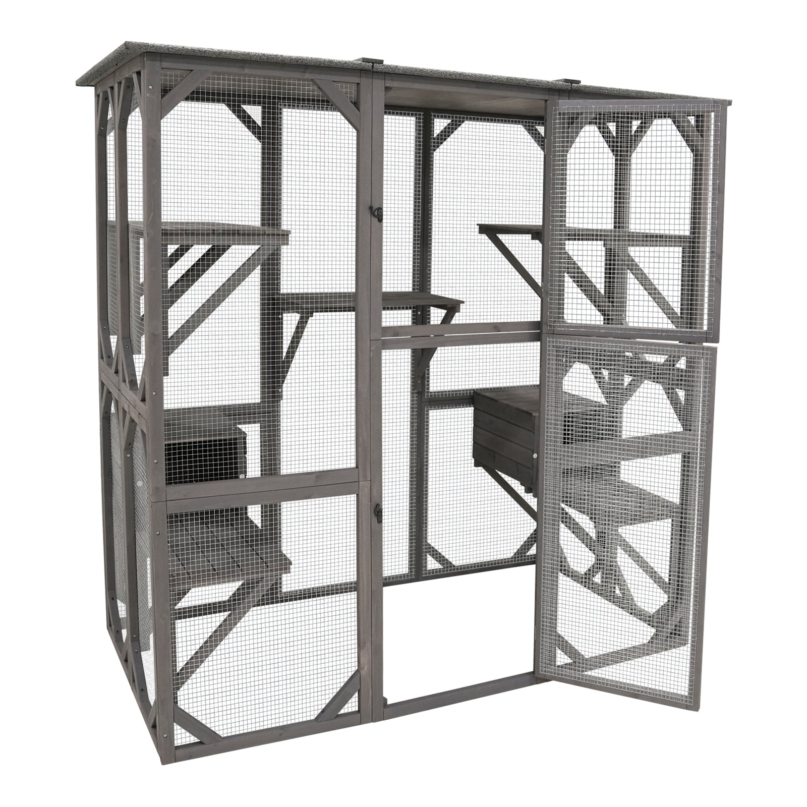 Catio Outdoor Cat Enclosure Cat Catio Cat House, Cat Cage Condo Indoor Playpen Kitty House Shelter With Multi Platforms, Waterproof Roof, Pull Out Tray 71.3" L X 38.4" W X 70.7" H Grey Solid Wood