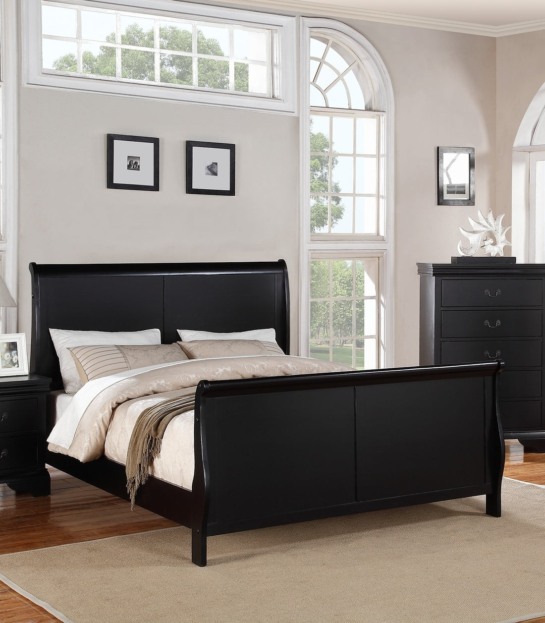 Modern 1Pc Eastern King Size Bed Bedroom Furniture Sleigh Design Headboard Footboard Plywood 1Pc Bedframe Box Spring Required King Black Wood Bedroom Contemporary,Modern,Transitional,Ultra Modern