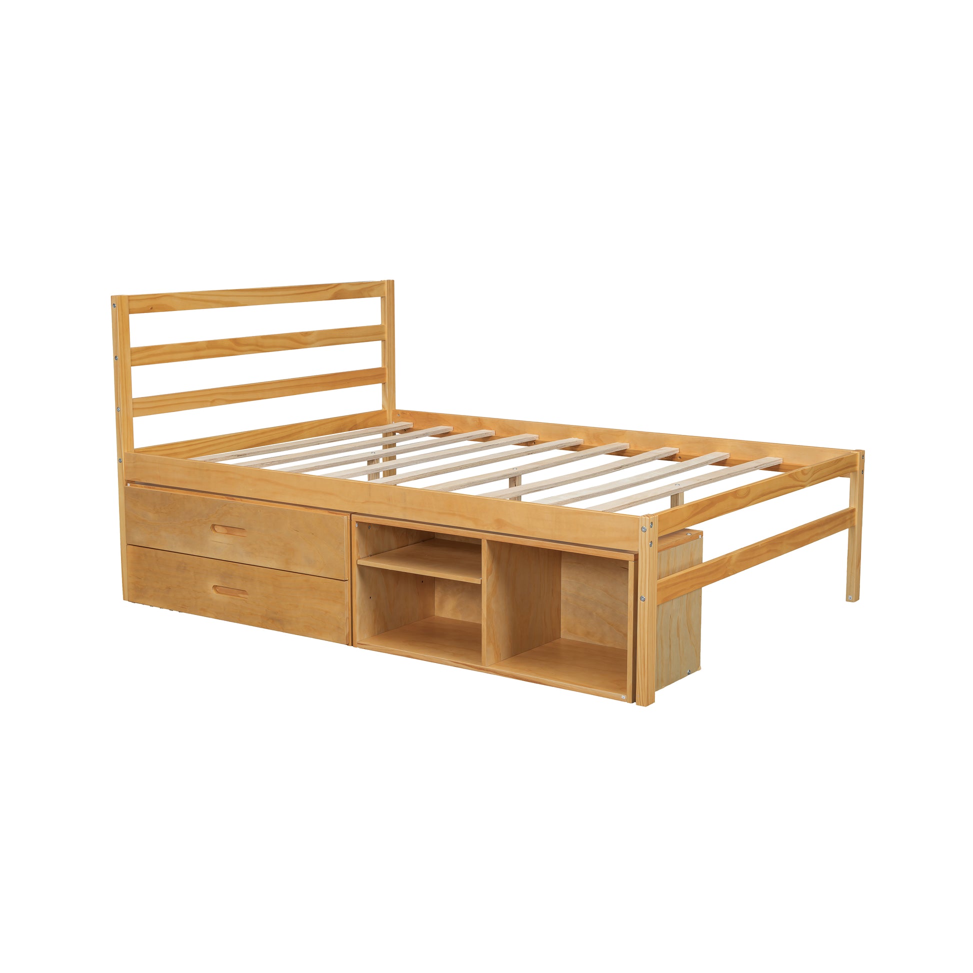 Full Size Wood Platform Bed With Removable Storage Shelves, Built In Two Storage Drawers For Added Convenience, Natural Full Natural Wood