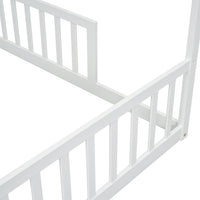 Double Twin House Style Floor Bed With Fence, Guardrails, Without Door, White Twin White American Design Pine