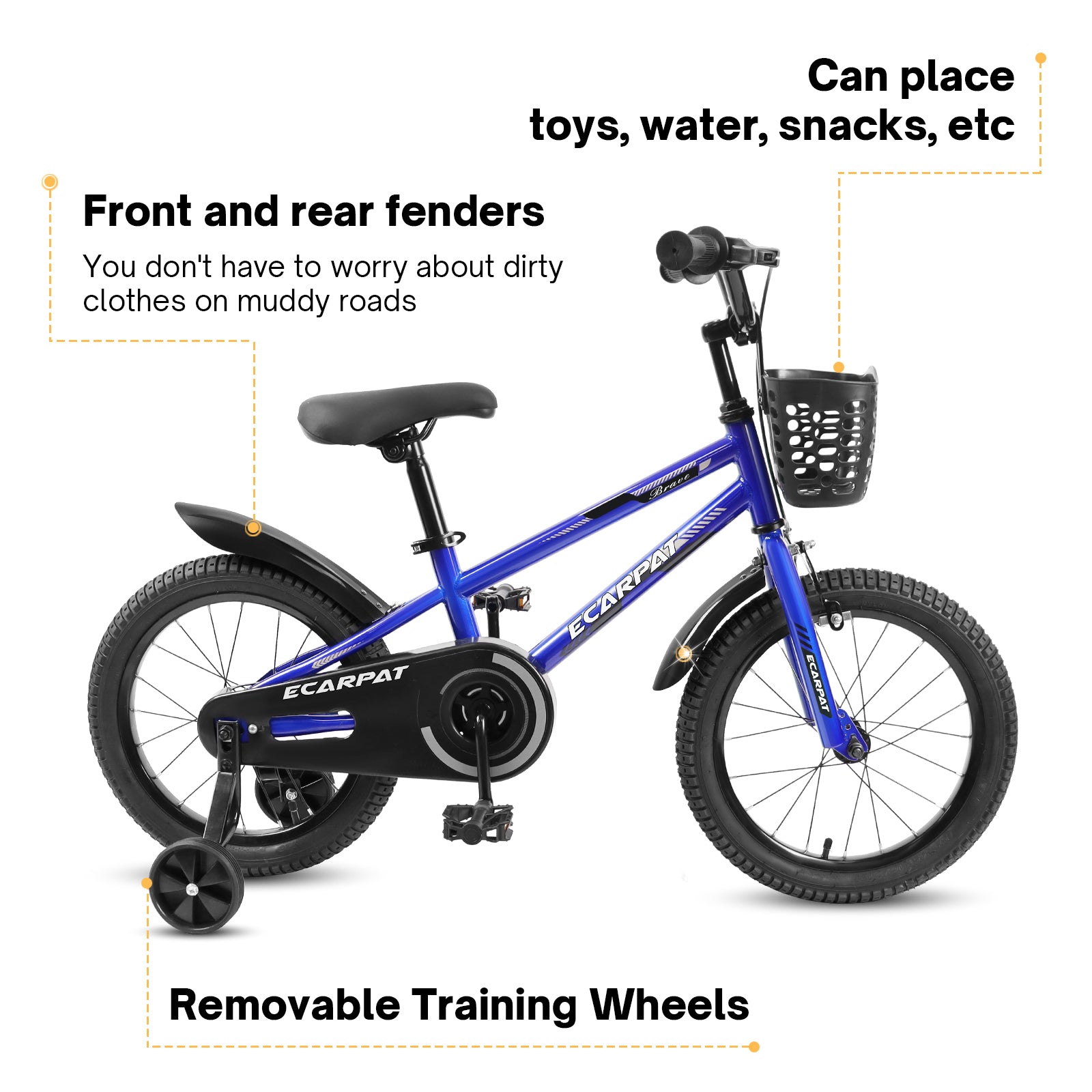 C16111A Kids Bike 16 Inch For Boys & Girls With Training Wheels, Freestyle Kids' Bicycle With Bell,Basket And Fender. Blue Steel