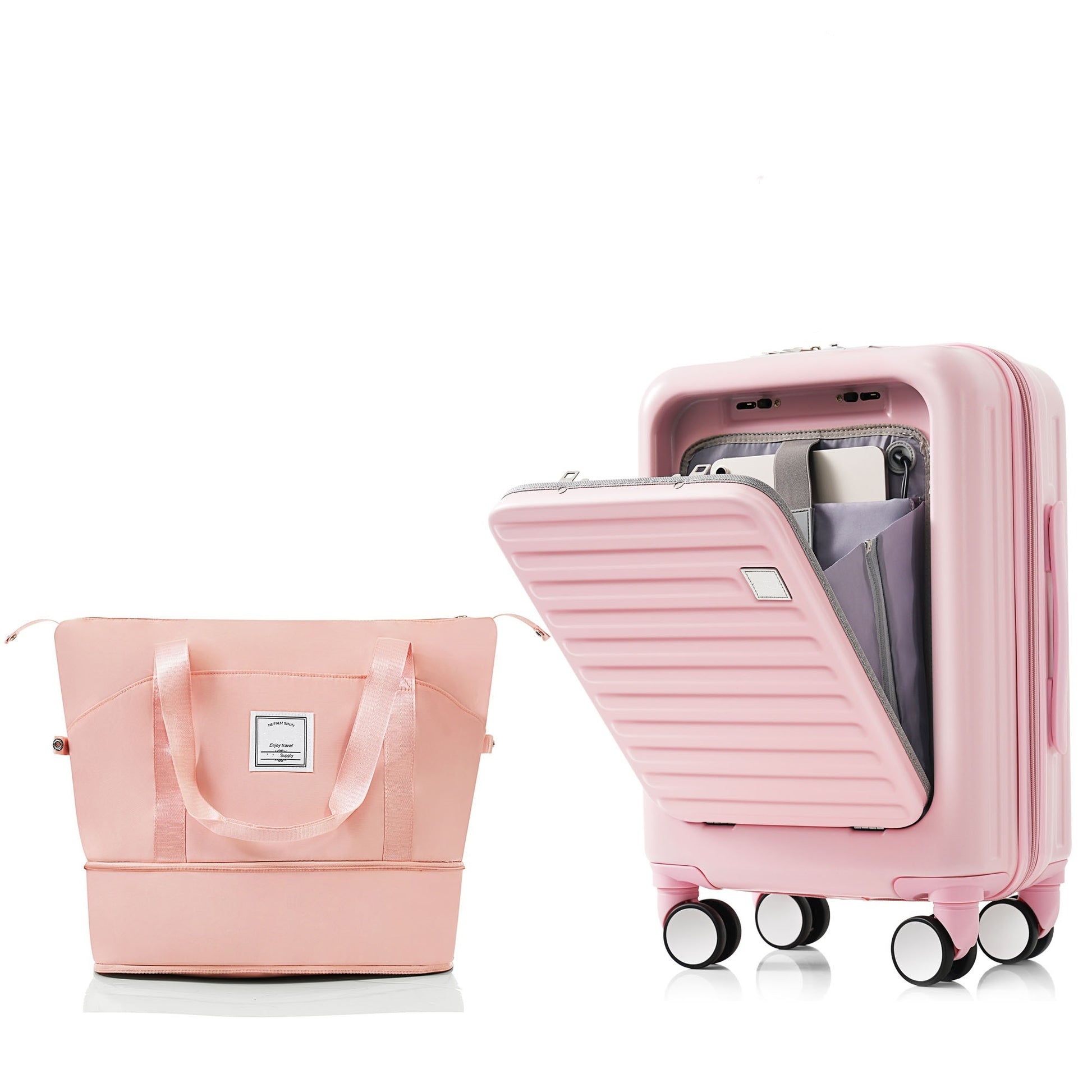 Front Opening 20 Inch Carry On Luggage With Expandable Travel Bag Set, Abs Hard Shell Two Piece Suitcase Set With Usb Portcup Holder, Pink Pink Abs