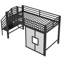 Twin Size Metal Low Loft Bed Frame With Storage Staircase And Iron Mesh,Black Expected Arrival Time:10.10 Black Metal