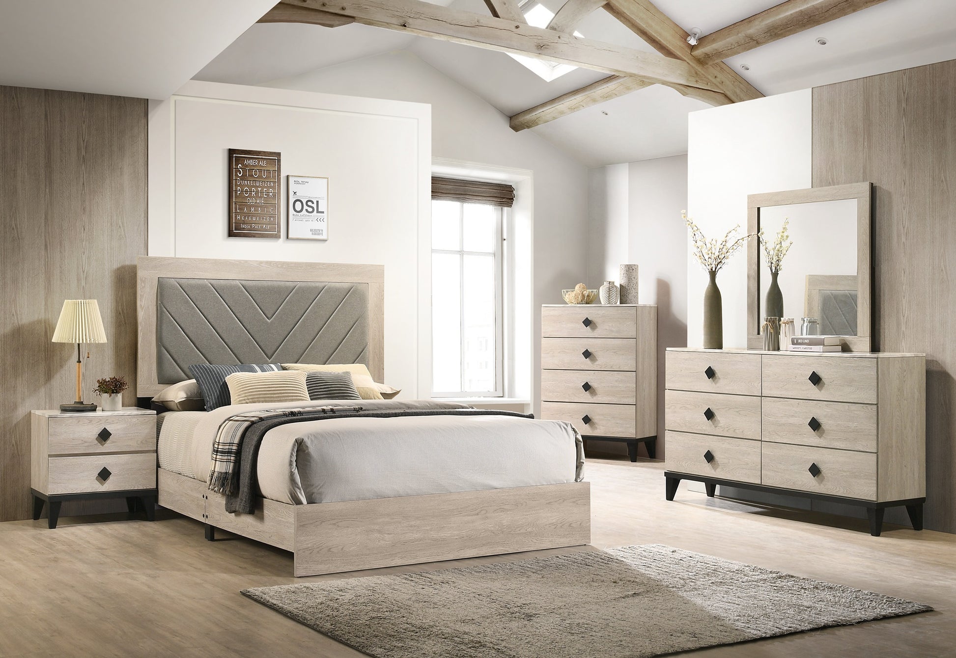 Contemporary 1Pc Cream Finish Eastern King Size Bed Bedroom Furniture Gray V Design Headboard Rubberwood 1Pc Bedframe Box Spring Required King Cream Grey Wood Bedroom