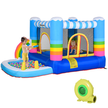 Outsunny Inflatable Bounce House For Kids 2 In 1 Jumping Castle For Indoor Outdoor Party With Trampoline, Pool, Carry Bag & Air Blower Multi Oxford Fabric