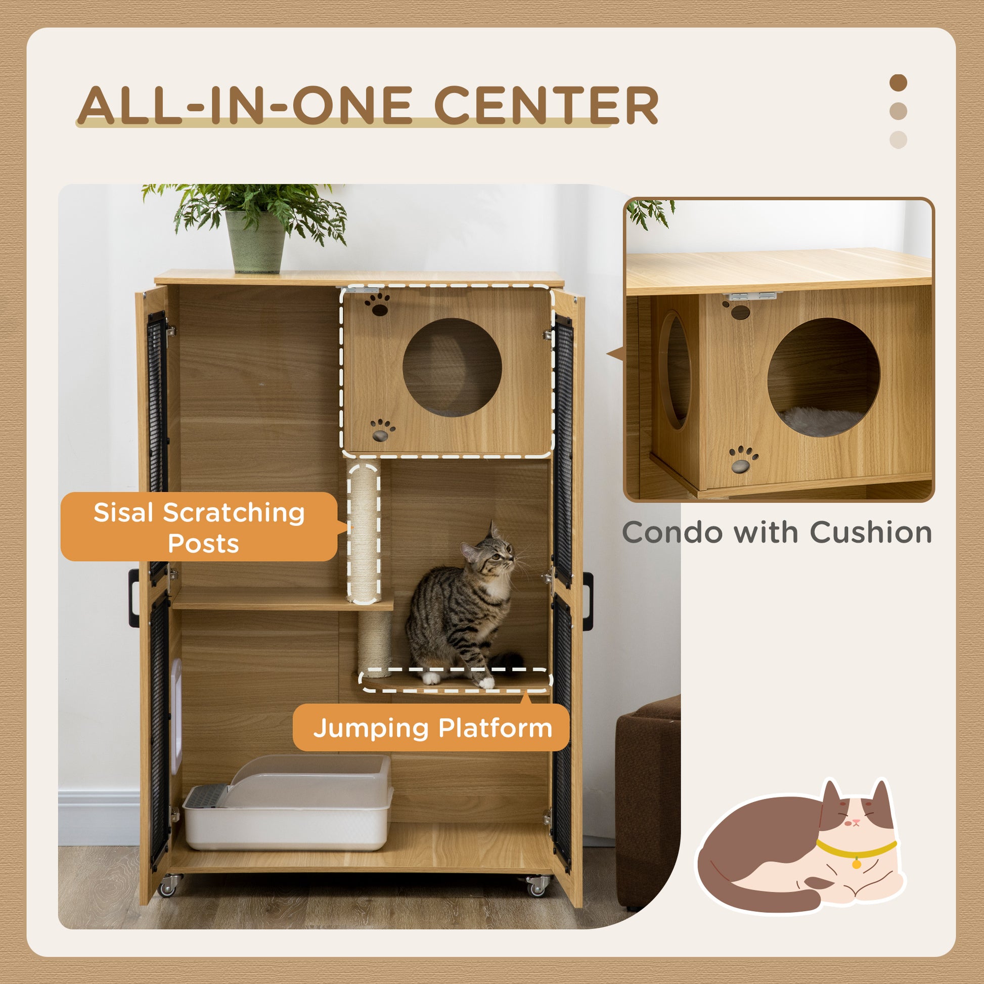 Pawhut Luxury Cat House With Wheels, Kitty Cage Catio Villa For Indoor Cats With Scratching Posts, Condo, Flap Door, Cushion, Oak, 31.5" X 20" X 48.5" Oak Particle Board