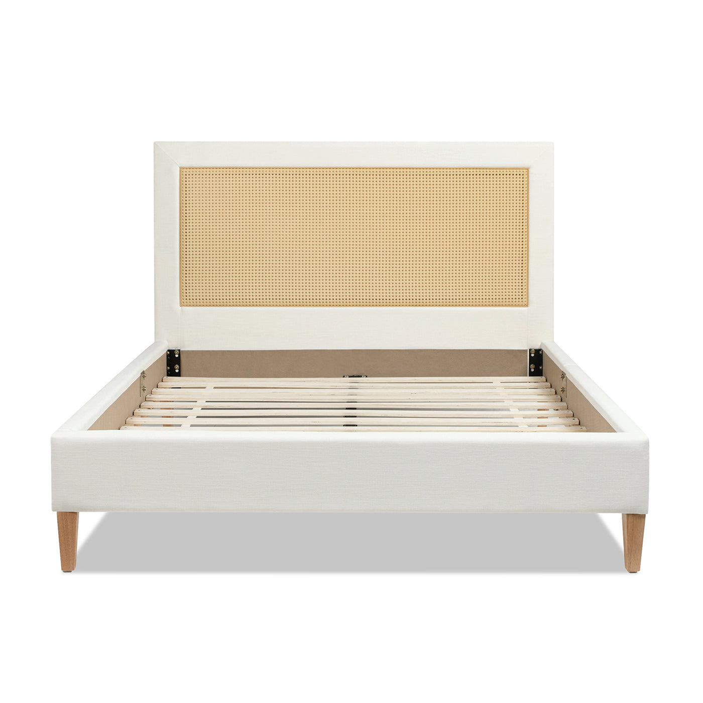 Haley Upholstered Cane Back Platform Bed, Queen, Antique White Polyester Box Spring Not Required Queen Antique White Wood Foam Polyester Polyester