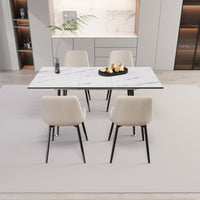 47" 63" Extendable Mdf Modern Dining Table And Chair Set, Suitable For 2 6 People, White Dining Table And Modern Beige Dining Chair 4 Piece Set, Metal Base And Linen Chair Beige White Mdf