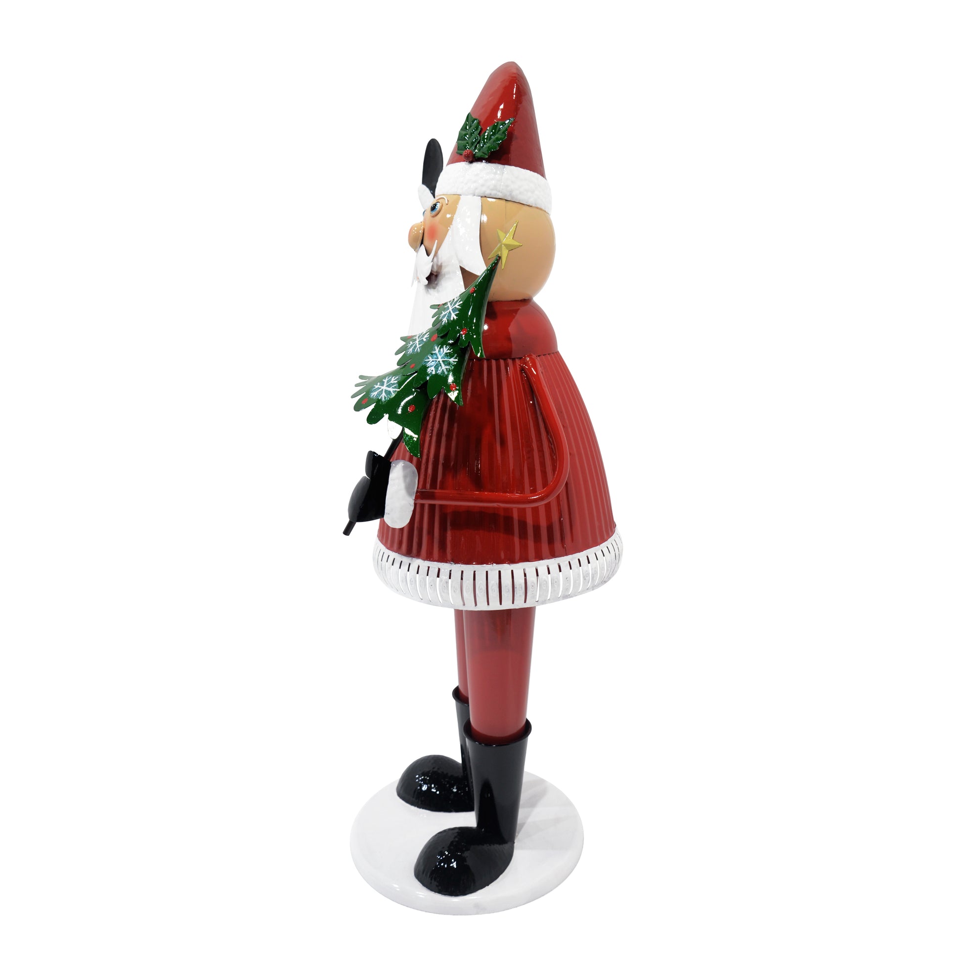 Cheerful Santa Claus Holding Tree And Waving Red Iron