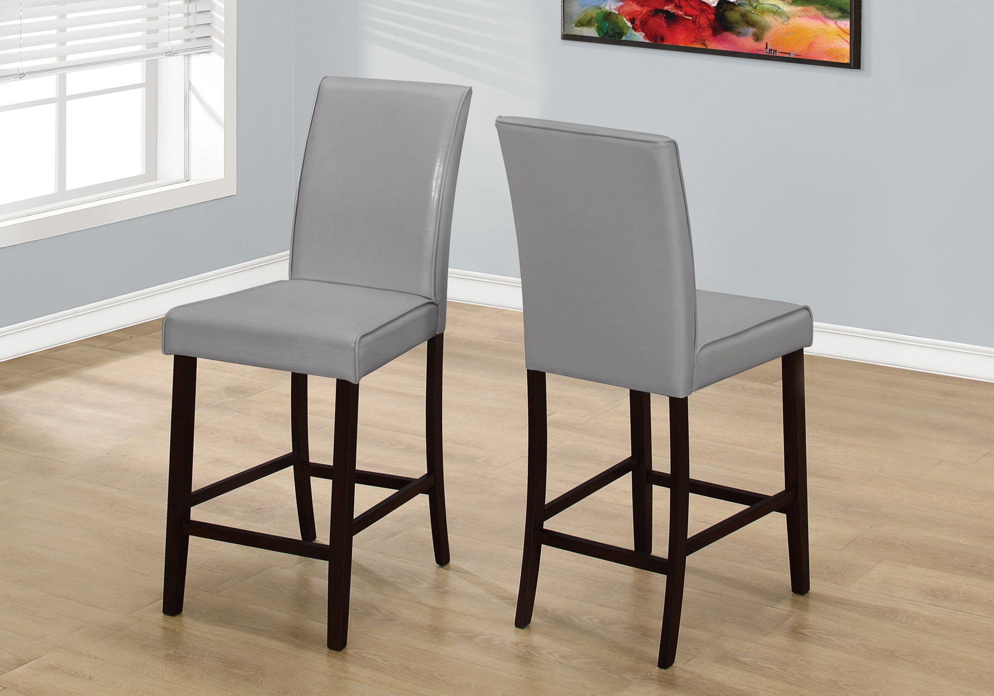 Dining Chair, Set Of 2, Counter Height, Upholstered, Kitchen, Dining Room, Grey Leather Look, Brown Wood Legs, Transitional Grey Solid Wood