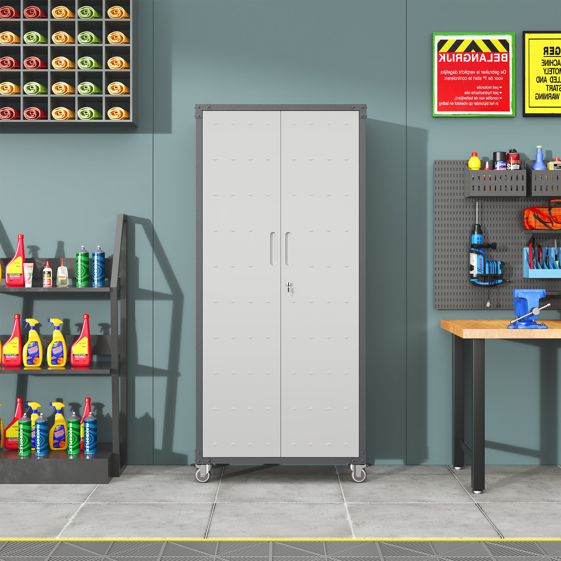 71" Metal Garage Storage Cabinet With Wheels Heavy Duty Tool Storage Cabinet For Home, Office, School, And Garage Organization, Black Gray Black Gray Steel