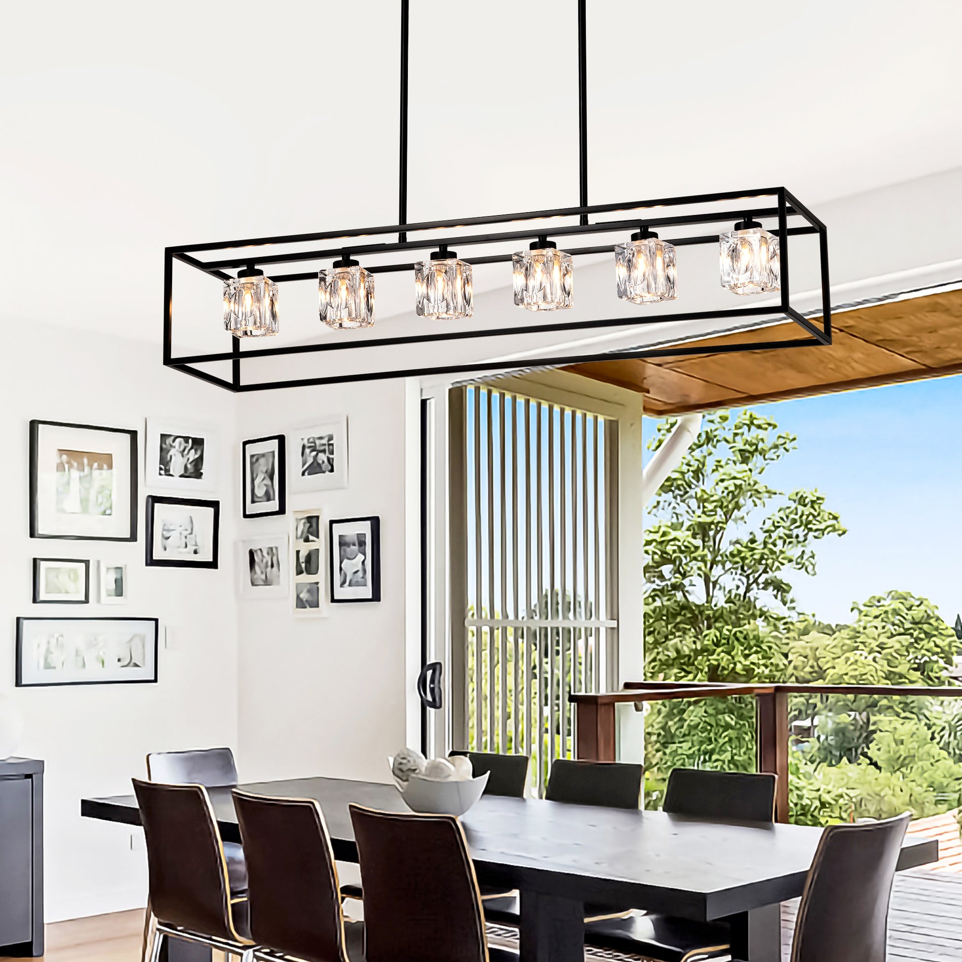 6 Light Farmhouse Chandelier, Modern Industrial Linear Rectangular Crystal Pendant Light Cage Chandelier For Dining Room,Kitchen Island, Bar, Long Table,G9*6 Bulbs Included Matte Black American