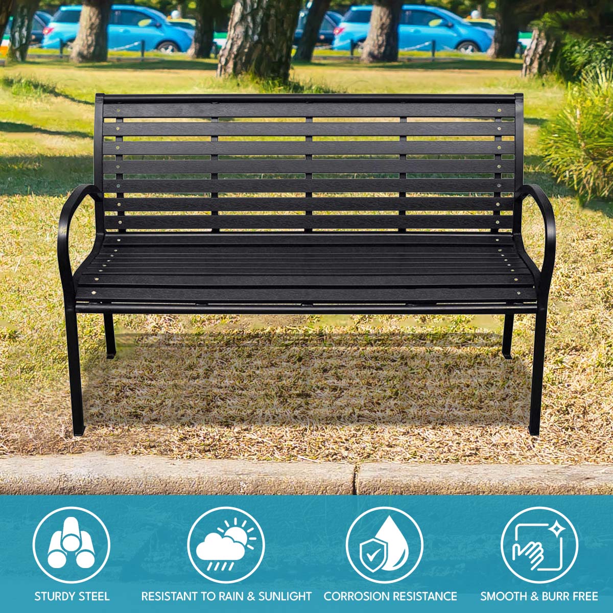 45.7In. Patio Bench Black Steel And Wpc Black Steel