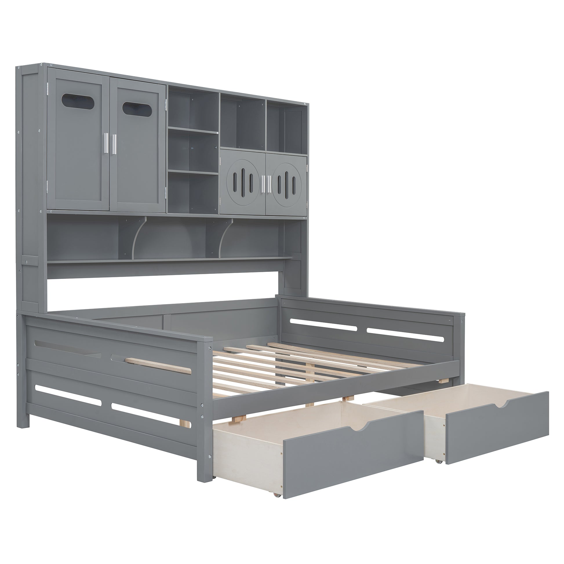 Full Size Wooden Daybed With 2 Drawers, And All In One Cabinet And Shelf, Gray Full Gray Wood