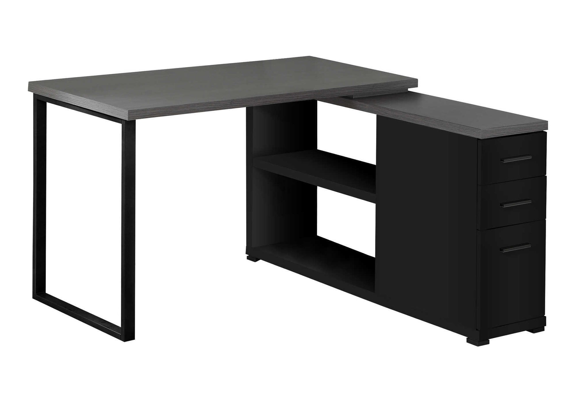 Computer Desk, Home Office, Corner, Left, Right Set Up, Storage Drawers, L Shape, Work, Laptop, Black And Grey Laminate, Black Metal, Contemporary, Modern Black Particle Board