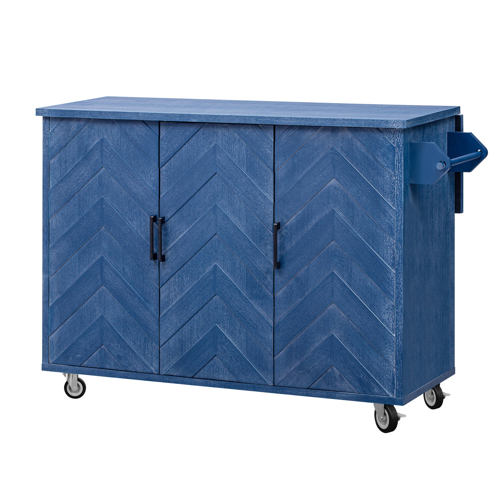 K&K 51.2"W 3D Wave Stripes Ash Veneer Not Cheap Paper Kitchen Island With Drop Leaf, Farmhouse Kitchen Island On Wheels With Internal Storage Rack, Rolling Kitchen Cart Navy Blue Navy Blue Nature