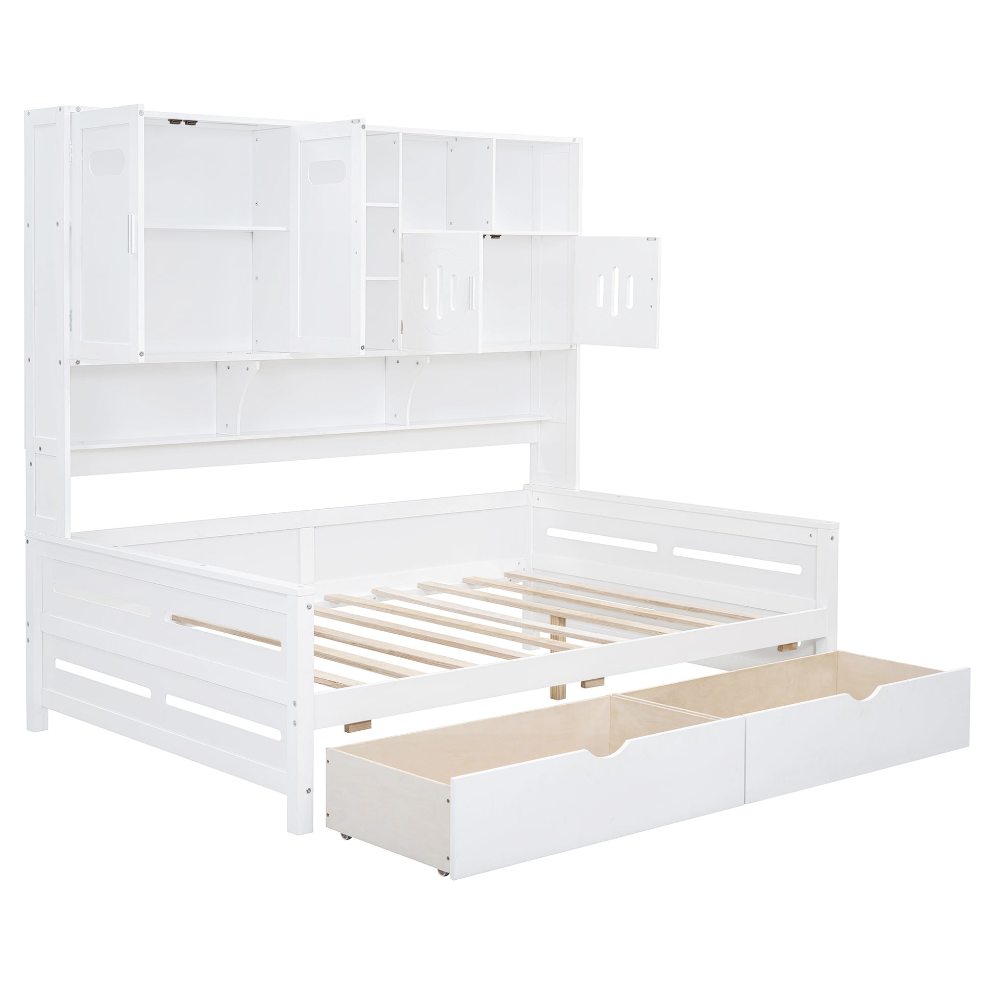 Full Size Wooden Daybed With 2 Drawers, And All In One Cabinet And Shelf, White Full White Wood