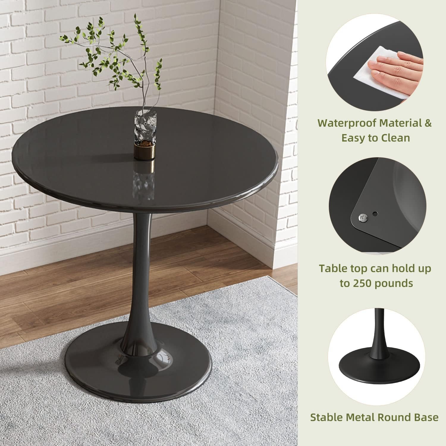 Black Round Table, Modern Dining Table, Mdf Top And Steel Base Tulip Round Kitchen Table, Mid Century Coffee Table For Living Room 24 Inch Black Mdf Metal