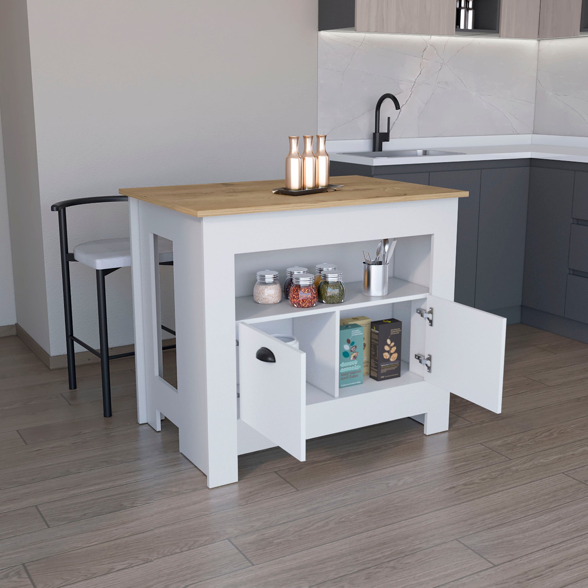 Floyd Kitchen Island 35" Hwhit 2 Doors, 3 Shelves, White Macadamia White Solid Wood Mdf Engineered Wood