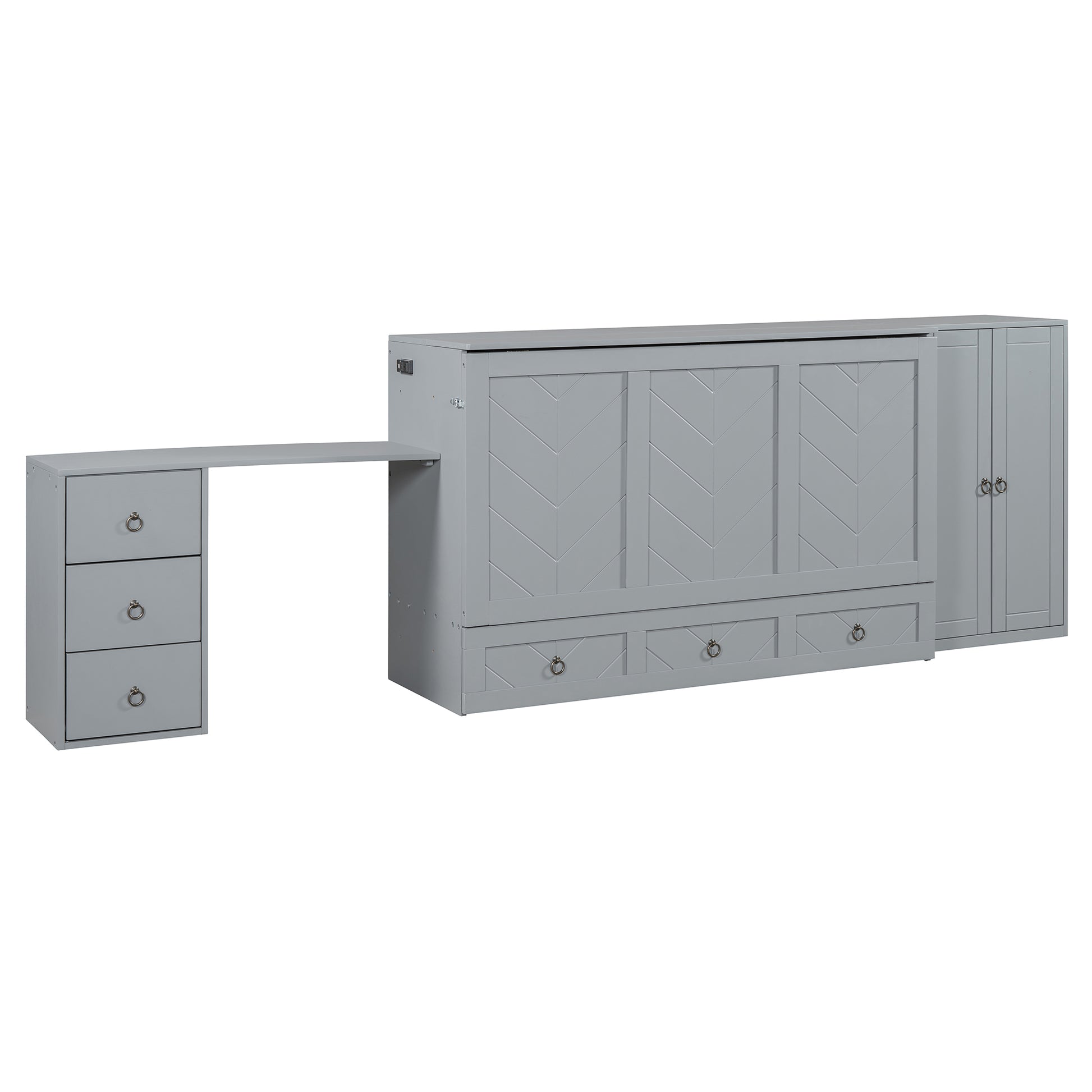 Queen Size Murphy Bed With Usb Port, Large Drawer, And Wardrobe Desk Combo Versatile Gray Cabinet Bed Queen Gray Solid Wood Mdf